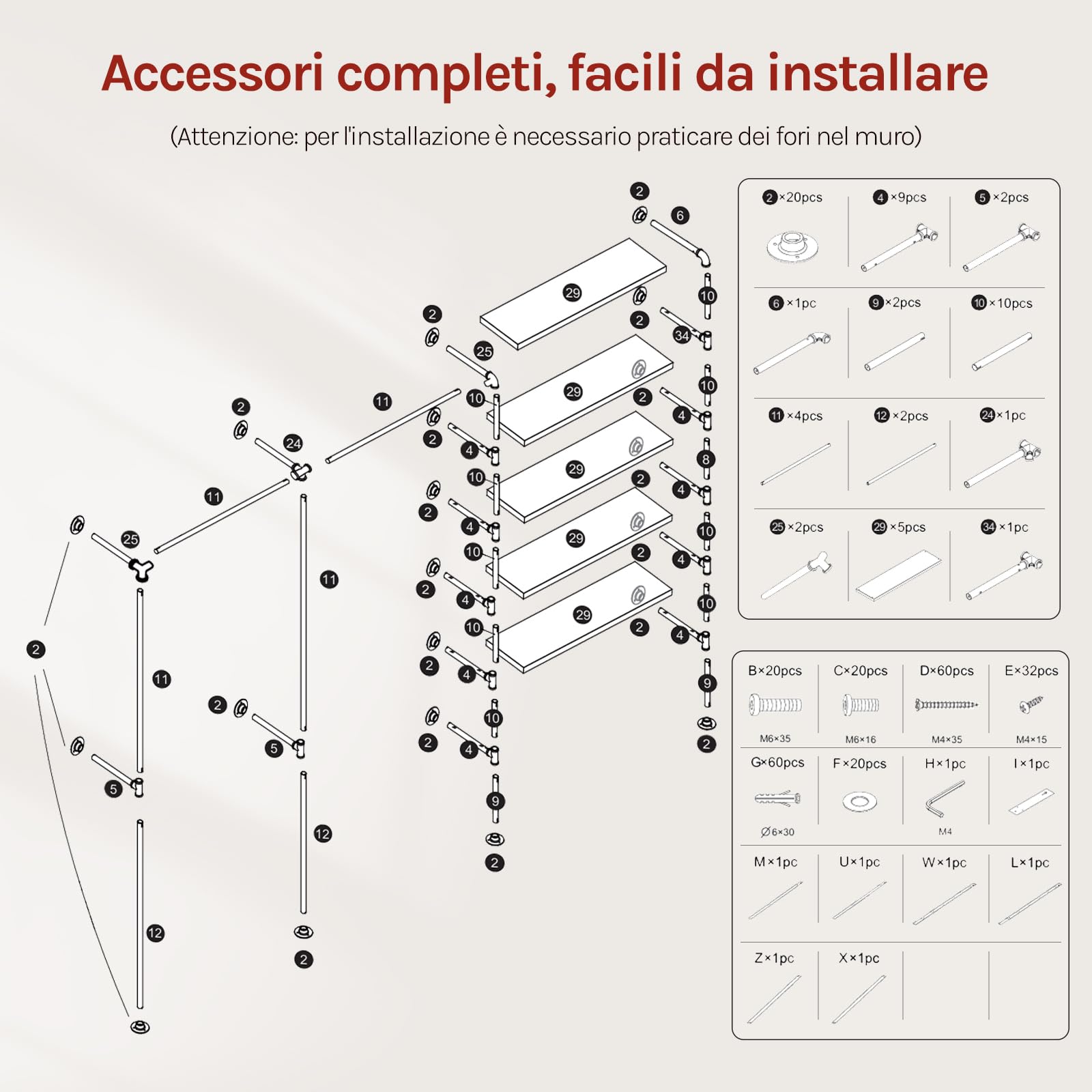 WOLTU Appendiabiti da Parete, Attaccapanni da Muro Metallico con Design Aperto, Appendiabiti con 5 Ripiani in Legno, 2 Aste, Stile Vintage, Nero + Marrone Rustico