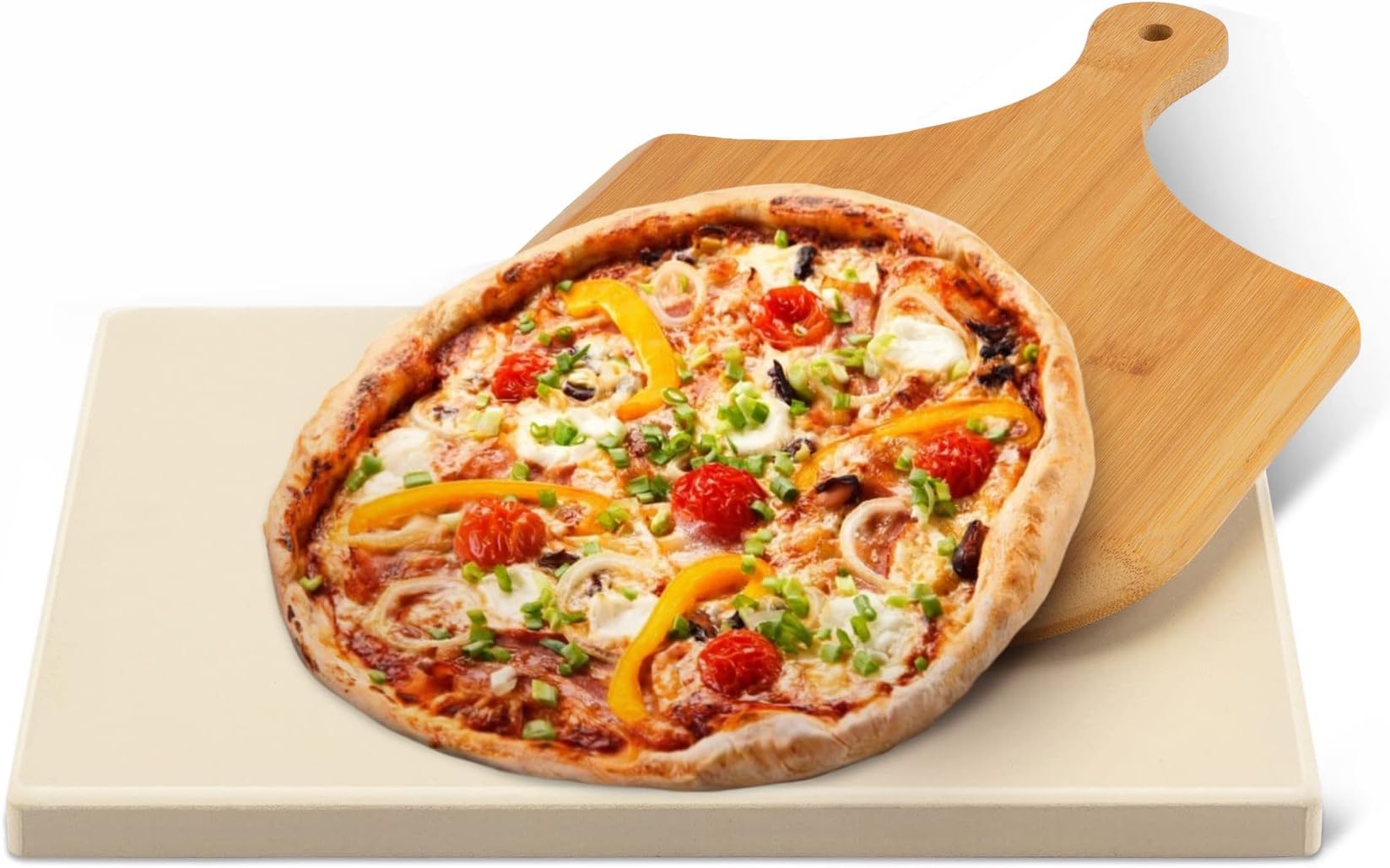 BOMEON Pizza Stone for Oven BBQ and Grill, 38 x 30 cm Rectangular Pizza Stone Set with Bamboo Pizza Peel | Pizza Stone for Making Crispy Italian Pizza