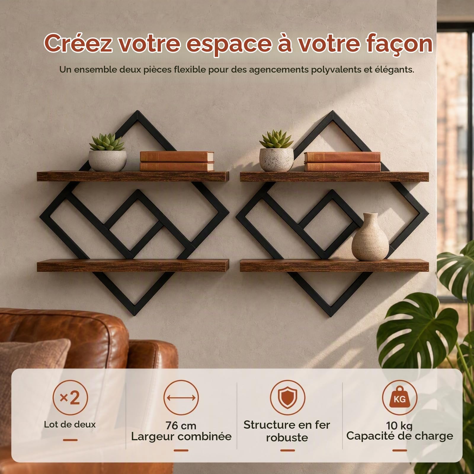 Étagère Murale Flottante, Rangement Suspendu 2 Niveaux, Lot de 2