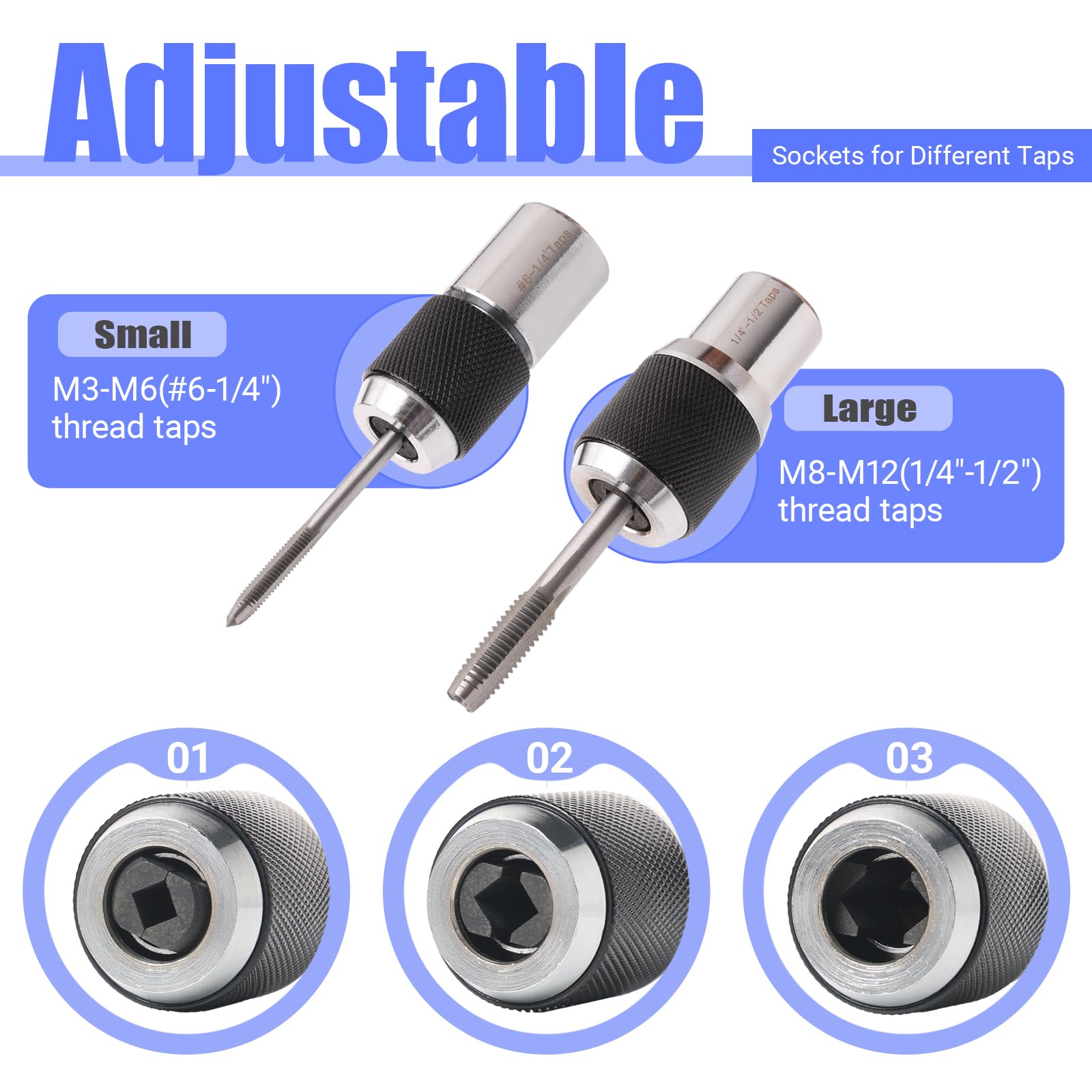 FyMosem 2PCS Tap Socket Set Adjustable Tap Socket Adapters 3/8" Drive Tap Holder Tapping Sockets Thread Taps Extractor Tool with Adjustable Jaws for #6-1/4" and 1/4"-1/2" Taps Reamers Screw Extractors - Image 4