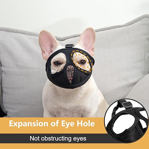 Miniatura 9 de Ohcozzy Bozal corto para perro, no cubre la frente, bozal de bulldog ajustable, malla transpirable ajustable, antimordeduras y ladridos (L, negro)