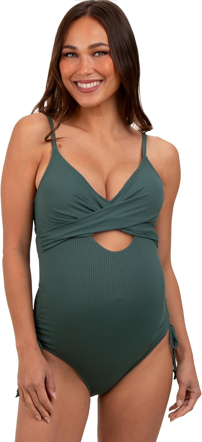 PinkBlush Olive Ribbed Wrap Front Drawstring Side Maternity One-Piece Swimsuit