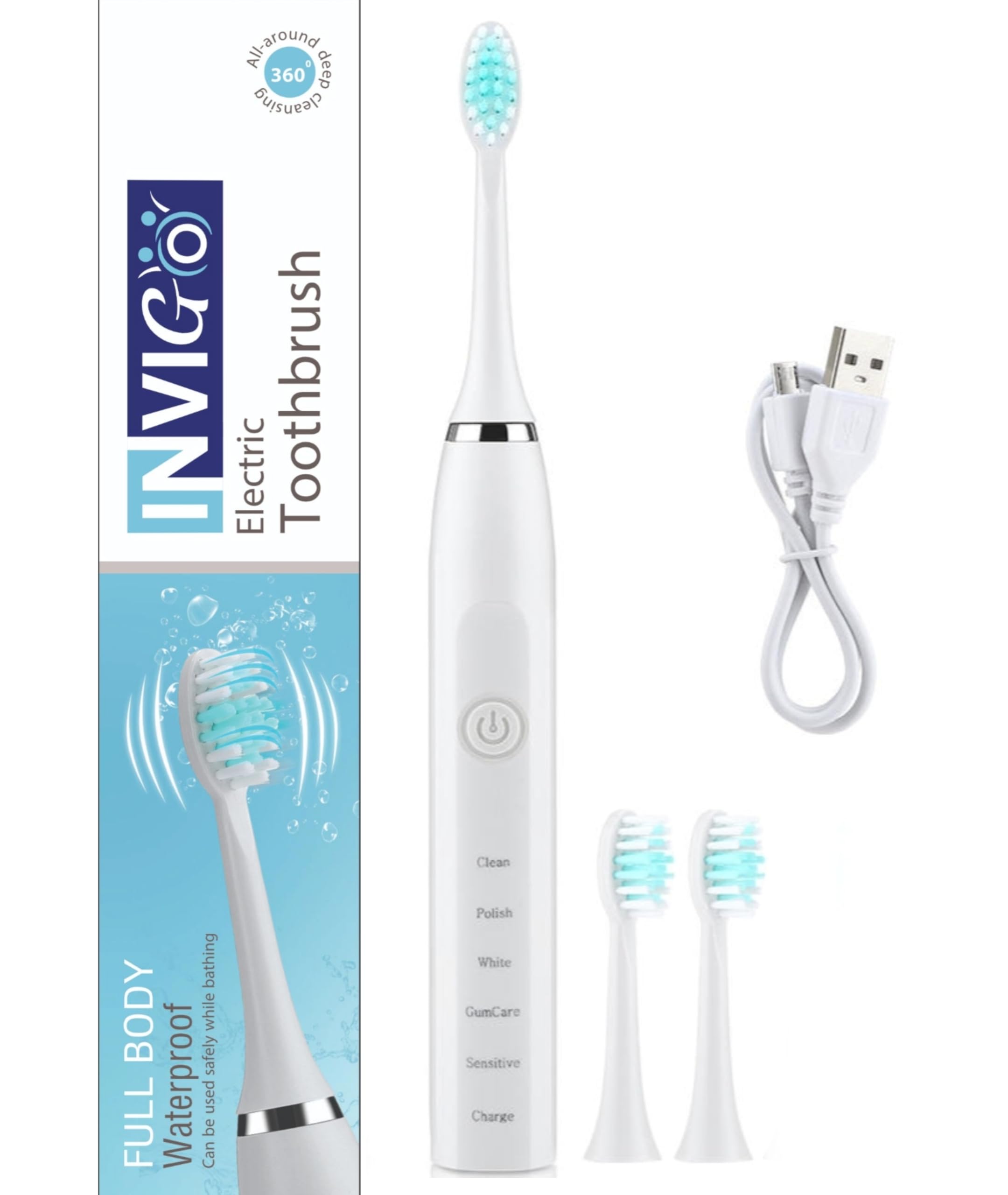 INVIGO ELECTRIC TOOTHBRUSH for Adults with 3 Brush Heads & 5 Cleaning Modes (Rechargeable)(WHITE)