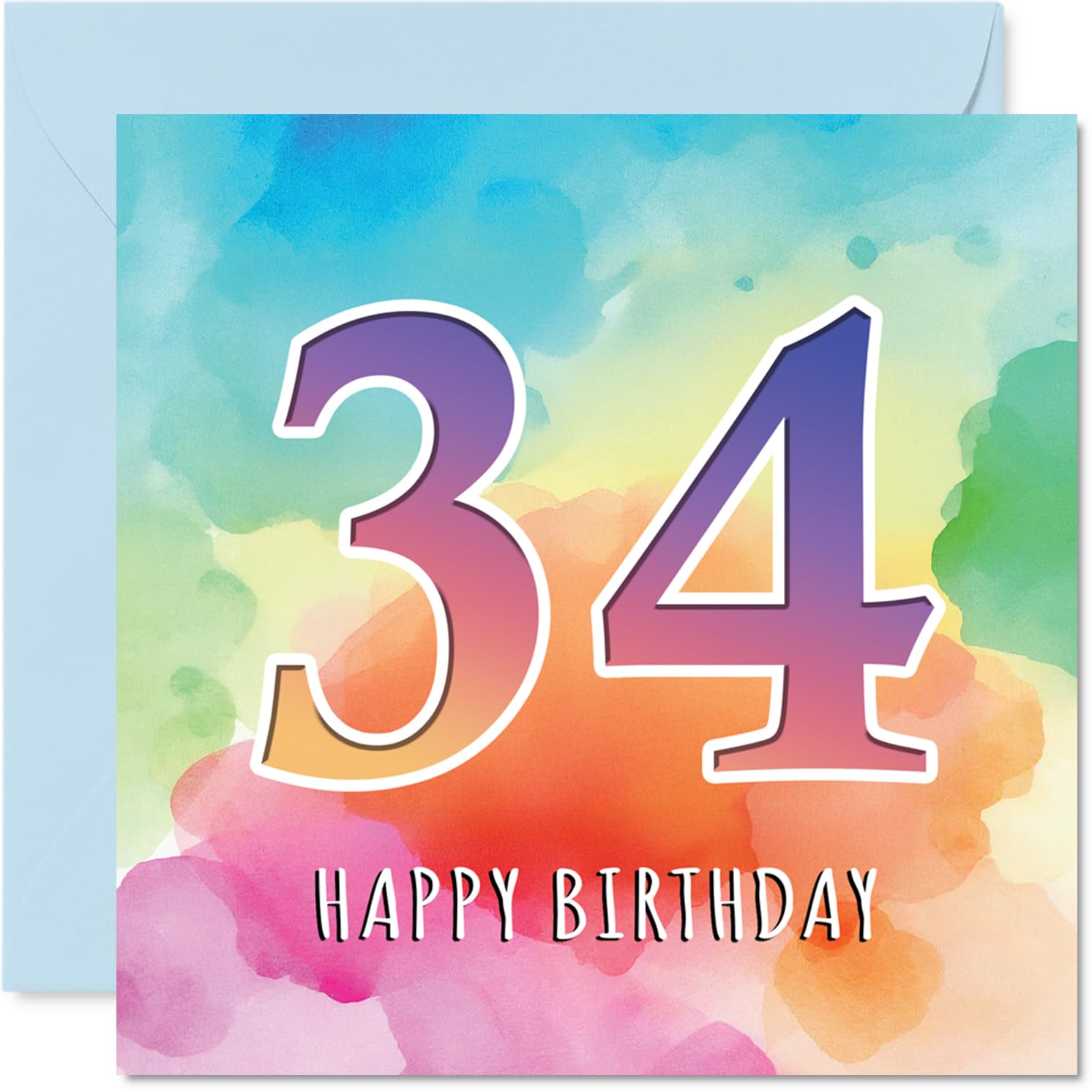 34th Birthday Cards for Women and Men, Colourful Watercolour Age