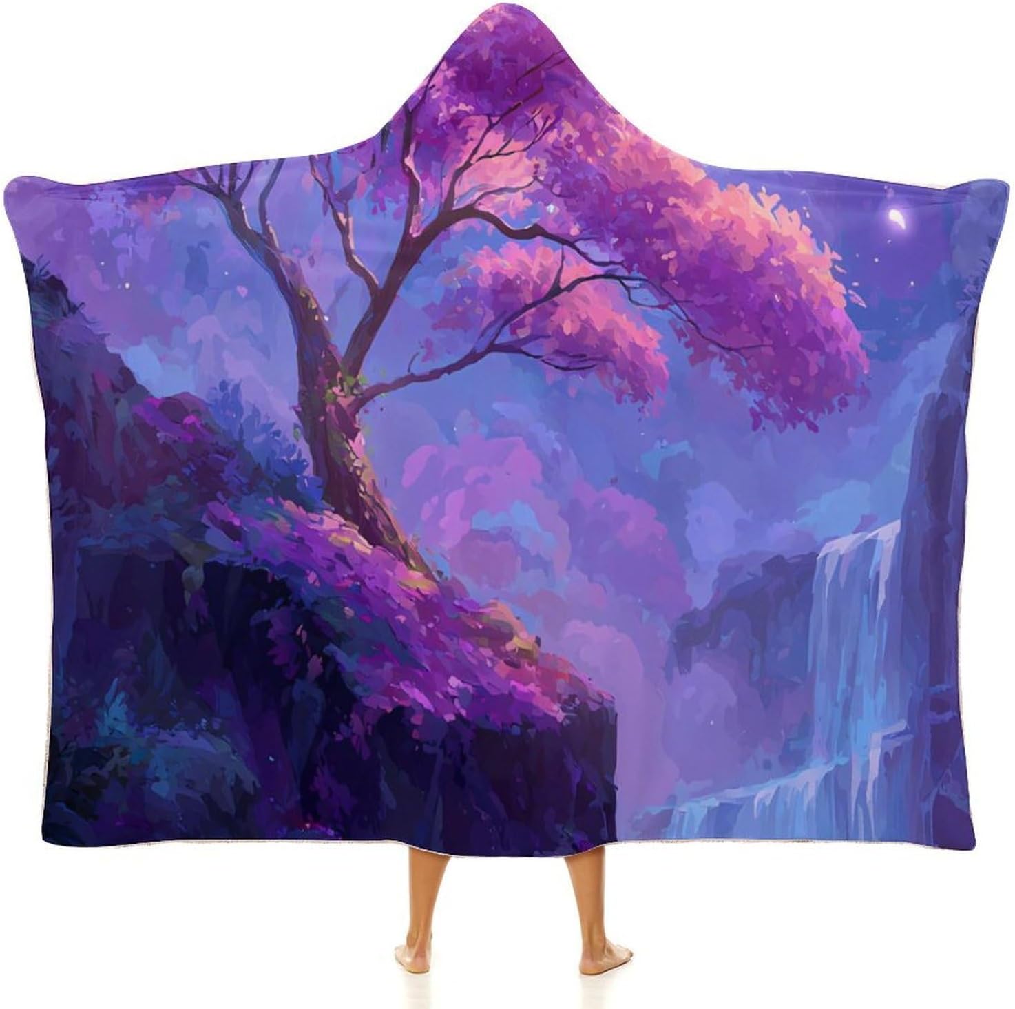 Tree Moon Waterfall Landscape Wearable Blanket Hoodie | Flannel Fuzzy Machine Washable Home Camping Lounging