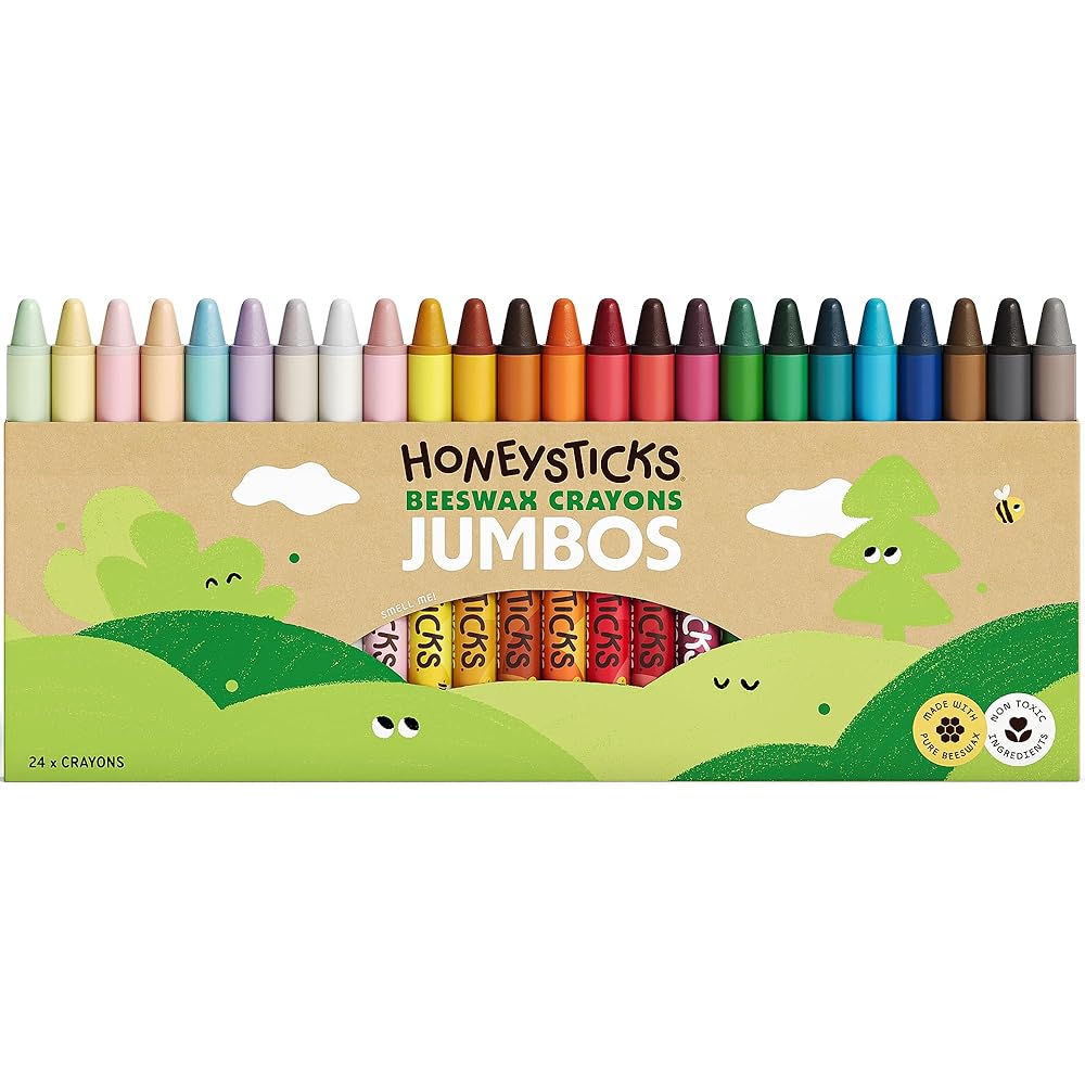 Honeysticks Jumbo Crayons (24 Pack) - Non Toxic Crayons - 100% Pure Beeswax and Food Grade Colors - 24 Bright Colors - Large, Easy to Hold and Use - Preschool Art Supplies for Toddlers/Kids 3-5, 4-8