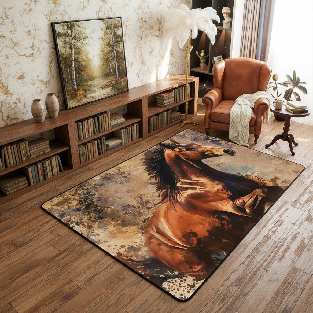 Tapis de salon peinture à l'encre cheval pour une ambiance sauvage