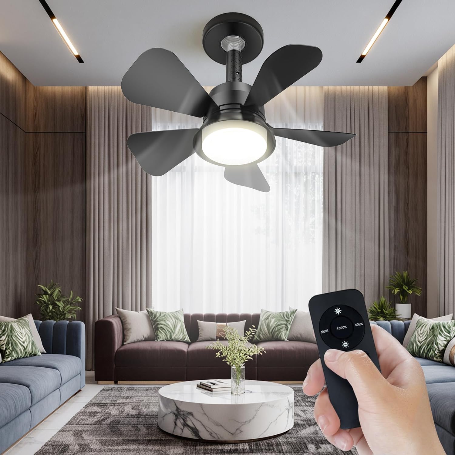 Mini Ceiling Fan with LED Light for E26 Base, Ultra-Slim 5-Blade Design, Adjustable Color Modes and Remote Control