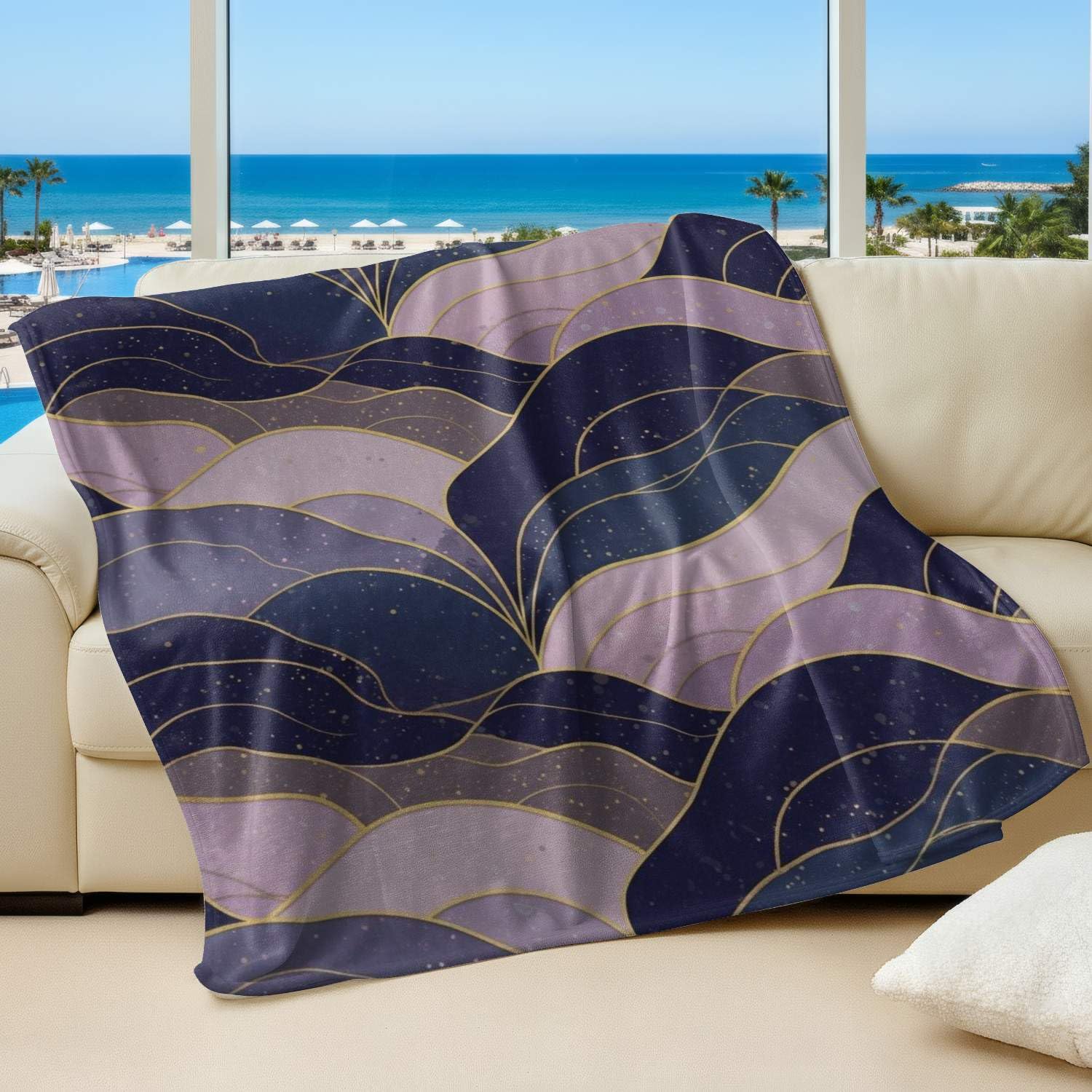 Couverture en flanelle plaid canapé lit motif vague lavande 200x200