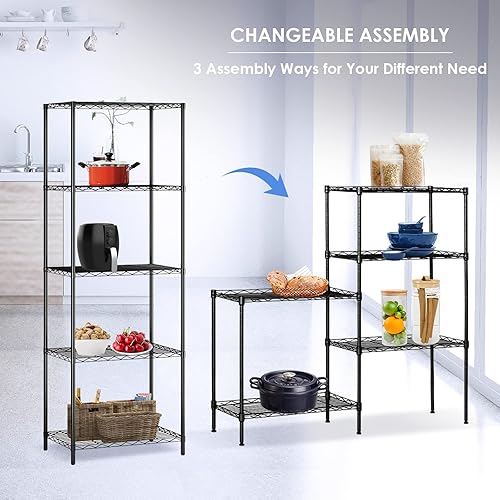 Miniatura 6 de Estantería de alambre intercambiable de 5 niveles, estantes de metal ajustables para almacenamiento, estantería negra de 5 niveles con patas