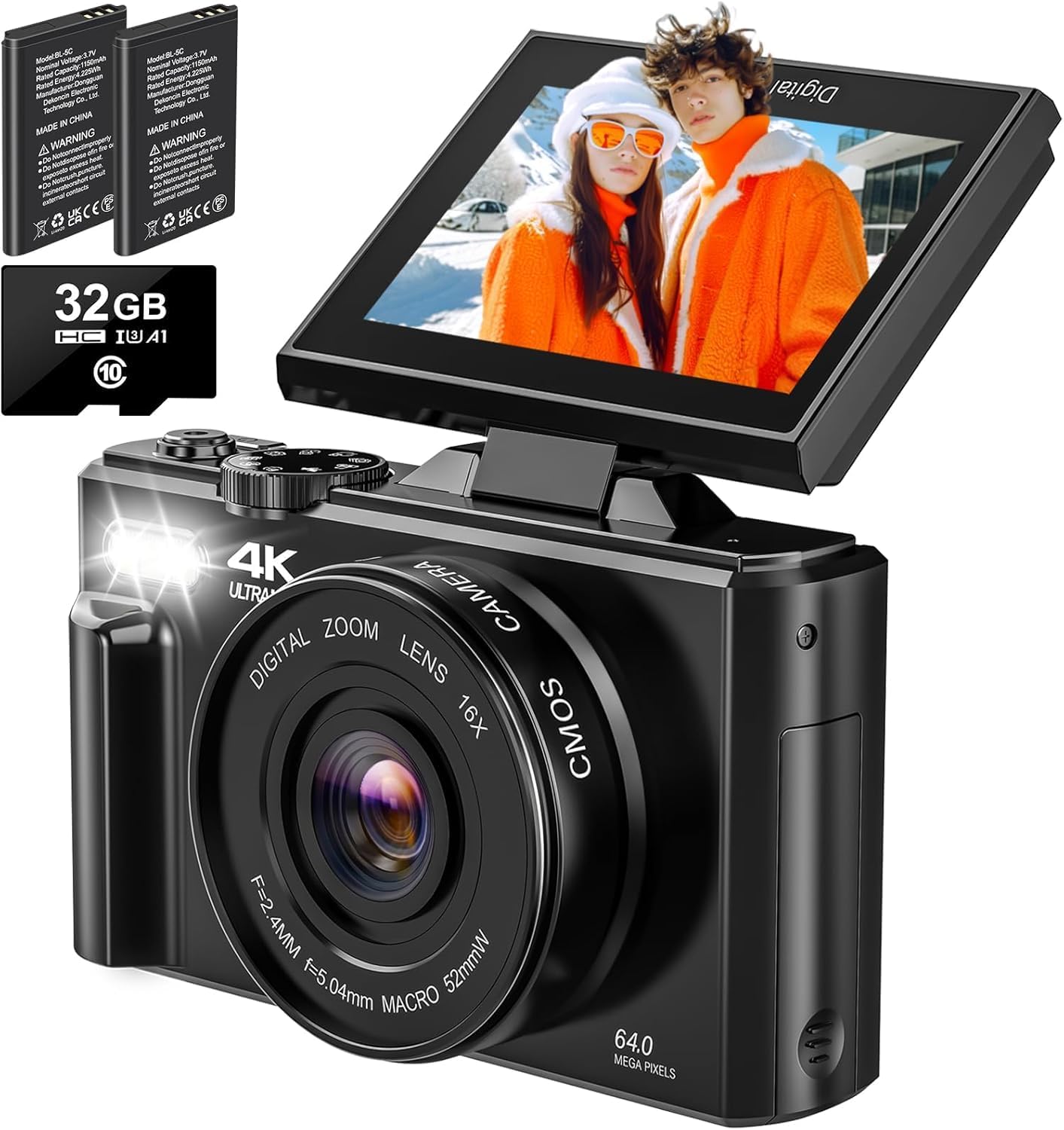 4K digital camera with 64MP stills, 18x zoom, 3" flip screen