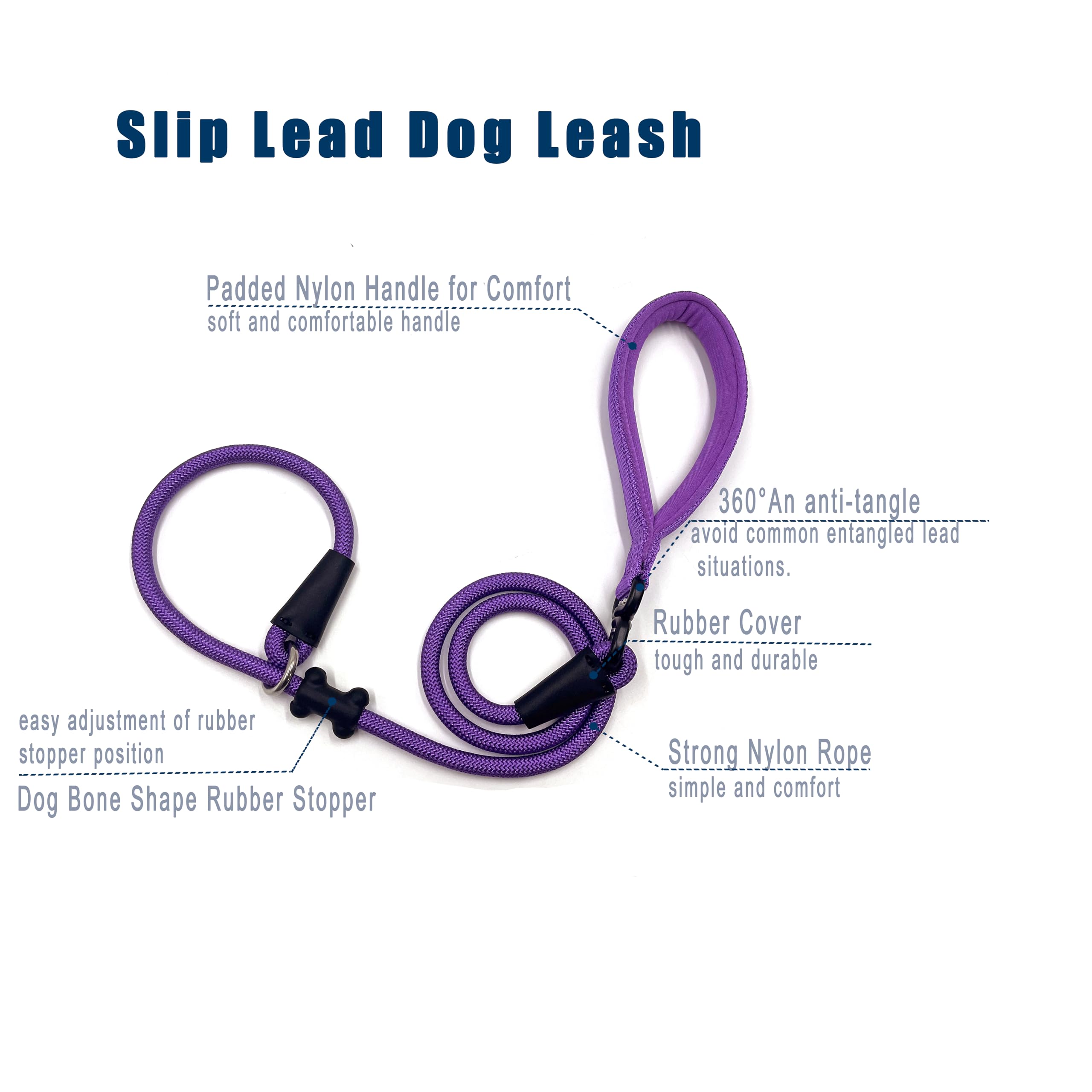 Slip Lead Dog Leash Strong Nylon Rope Leash with Comfortable Handles and Walking Training Lead for Small Medium Large Dogs (Purple - Image 2