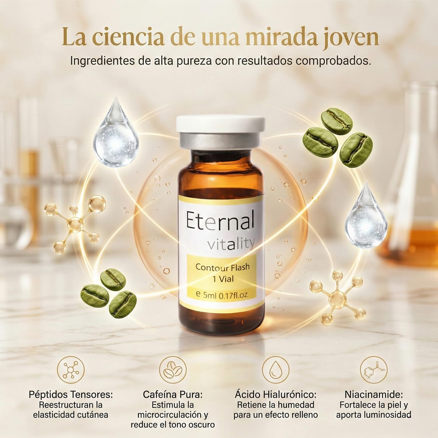 Vial contorno de ojos 5 ml Pack 3 con Péptidos, Ácido Hialurónico y Cafeina ojos. Tratamiento anti ojeras y arrugas finas ilumina, hidrata y reafirma la piel para un efecto quita ojeras instantáneo
