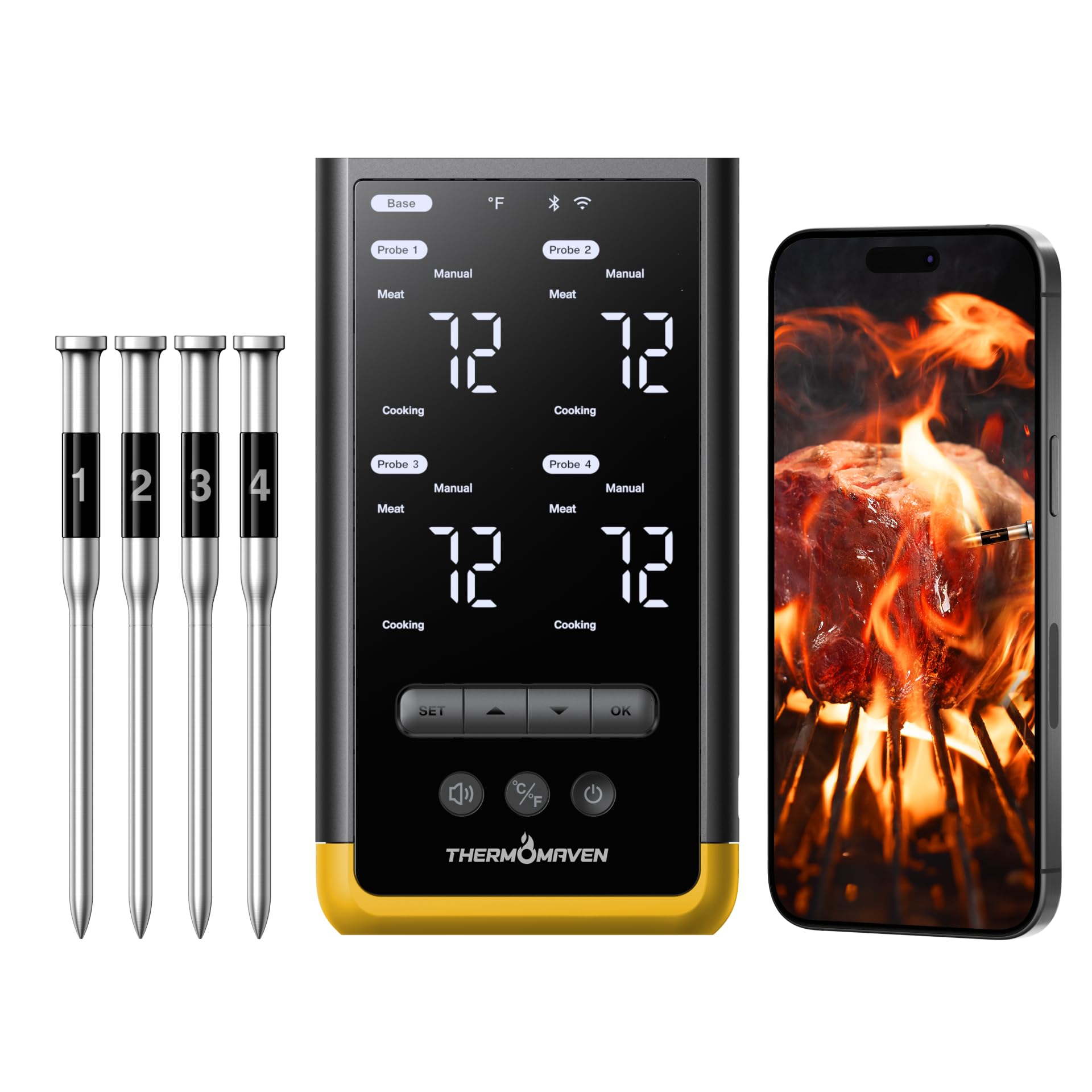 ThermoMaven Smartes Fleischthermometer Kabellose mit Basisstation, Bluetooth & WLAN, 4 Fühler, 6 Sensoren, NIST-zertifiziert, große, stabile WLAN-Reichweite, für Smoker, Backofen & BBQ, Goldgelb