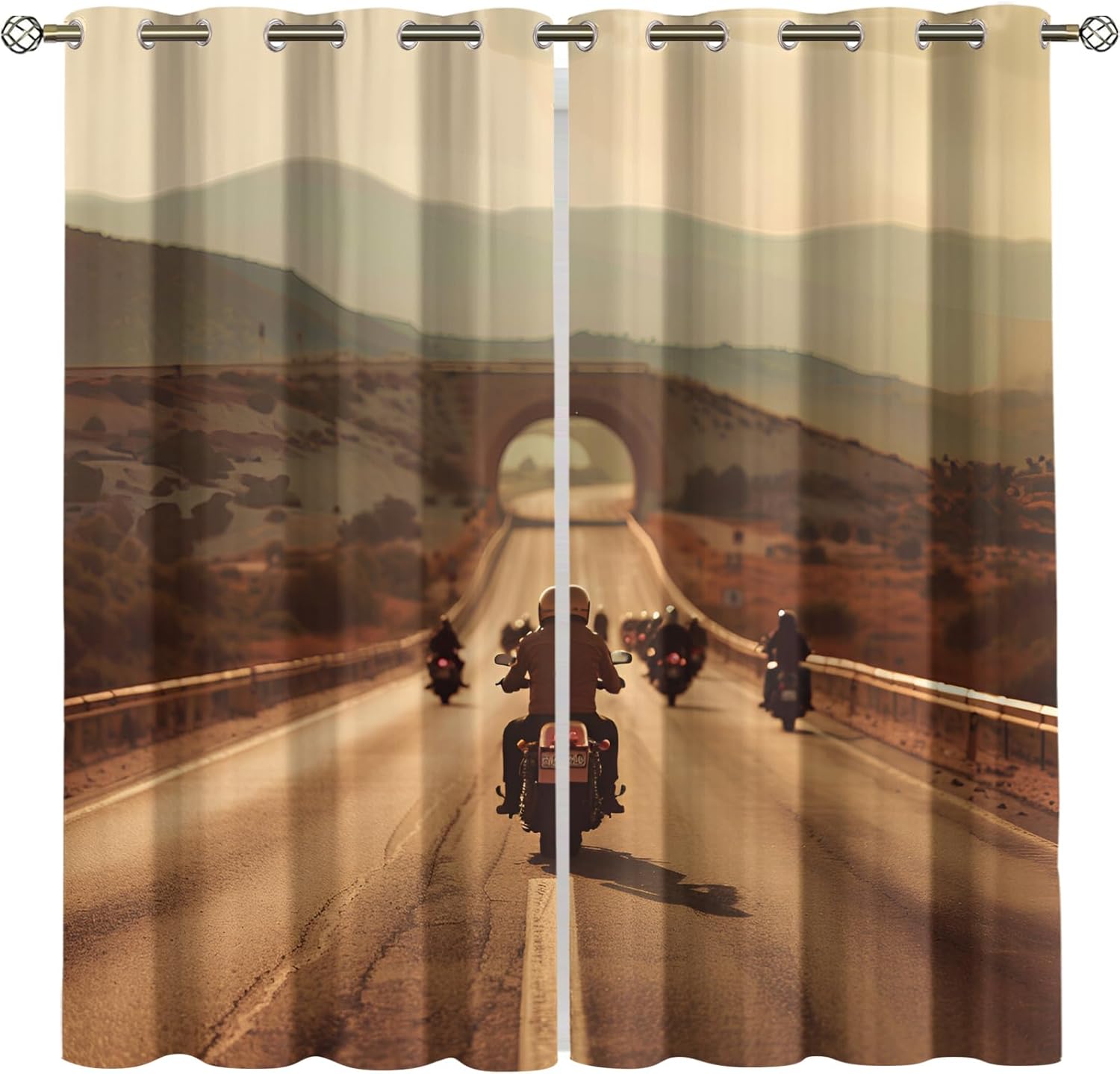 Motorcycle 3D Eyelet Blackout Curtains, USA Road Decor Curtains, City Scenery Grommet Drapes, Noise Reducing Washable Window Treatments for Bedroom 21" W x 54" L