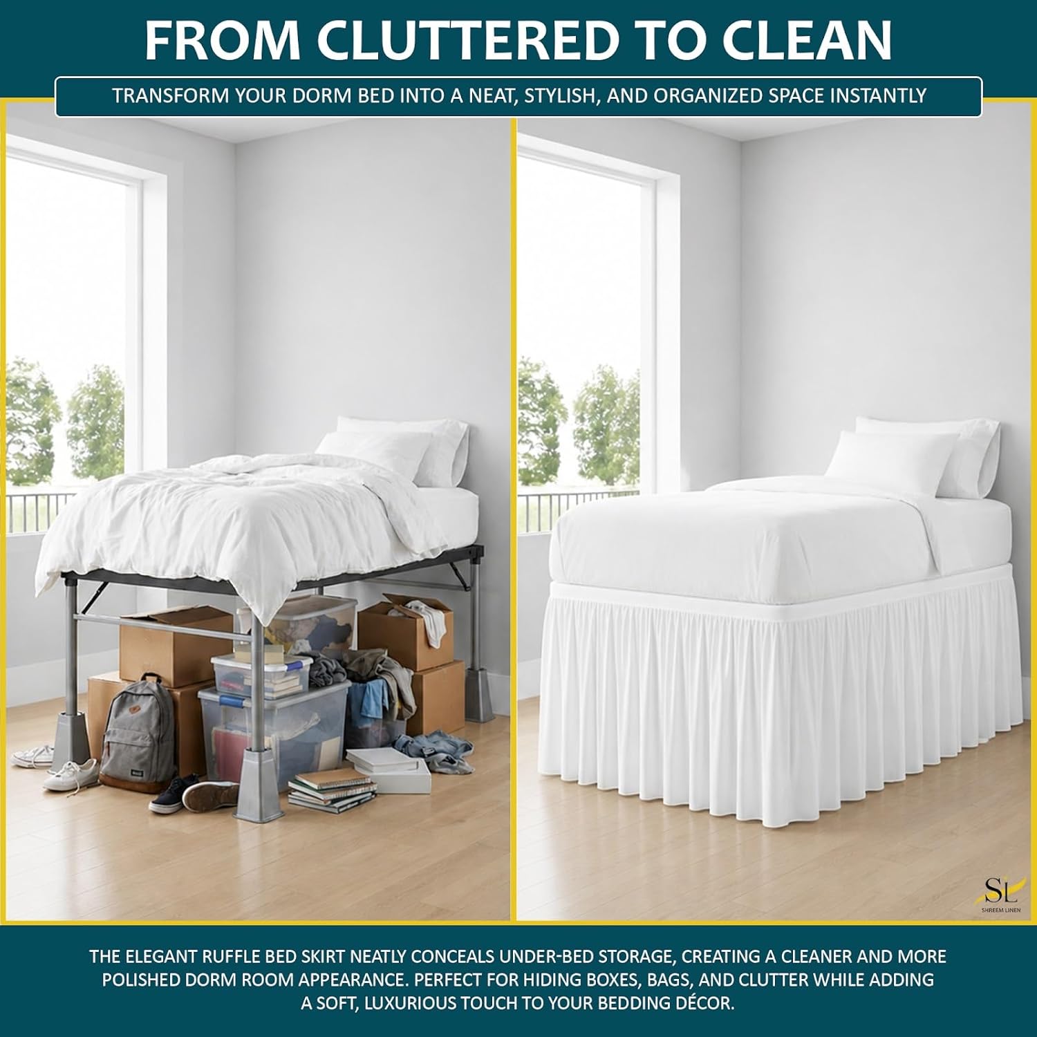 Shreem Linen Dorm Bed Skirt Twin XL 32 Inch Drop, 100% Microfiber Extra Long College Dorm Room Bed Skirts Dust Ruffle with Split Corners, White