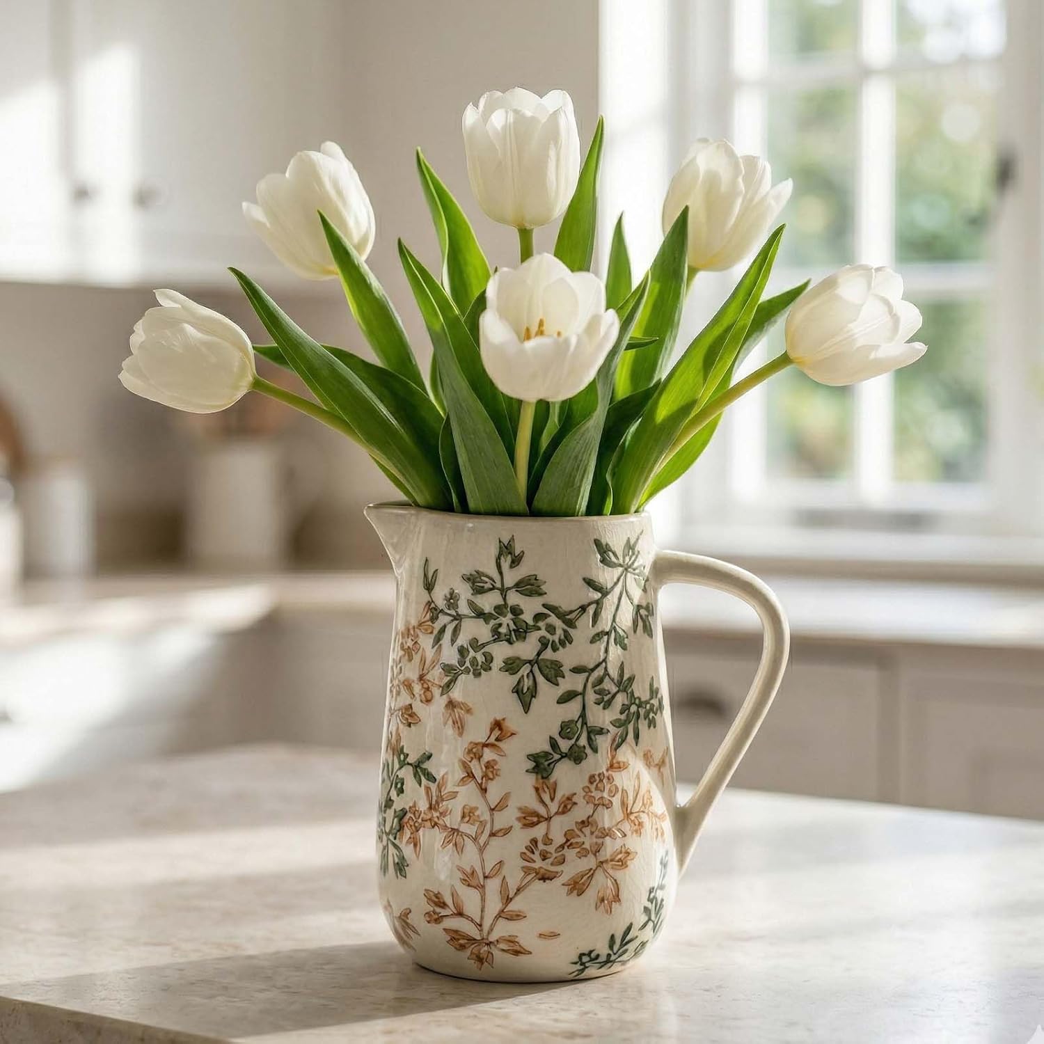 Ceramic Pitcher Vase, Water Pitchers with Handle,For Modern Rustic Farmhouse Vase Home Decor,Cute Small Ceramic Vases,Entrance Decoration and Centerpieces for Dining Table Decor (Green)