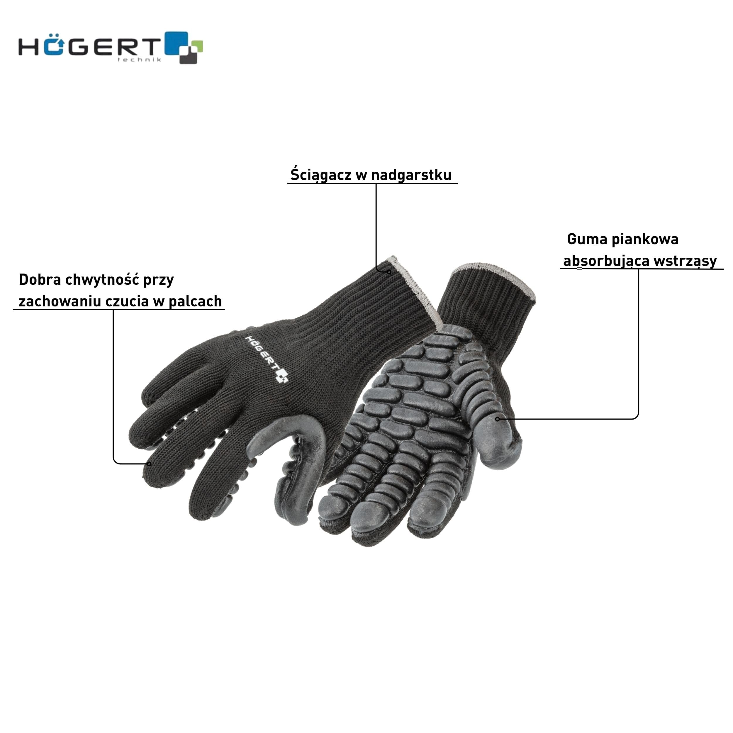 Högert Technik BROL rękawice ochronne z powłoką poliuretanową, czarne, rozmiar 10, absorbujące wstrząsy, odporne na ścieranie, idealne do pracy z ciężkimi narzędziami