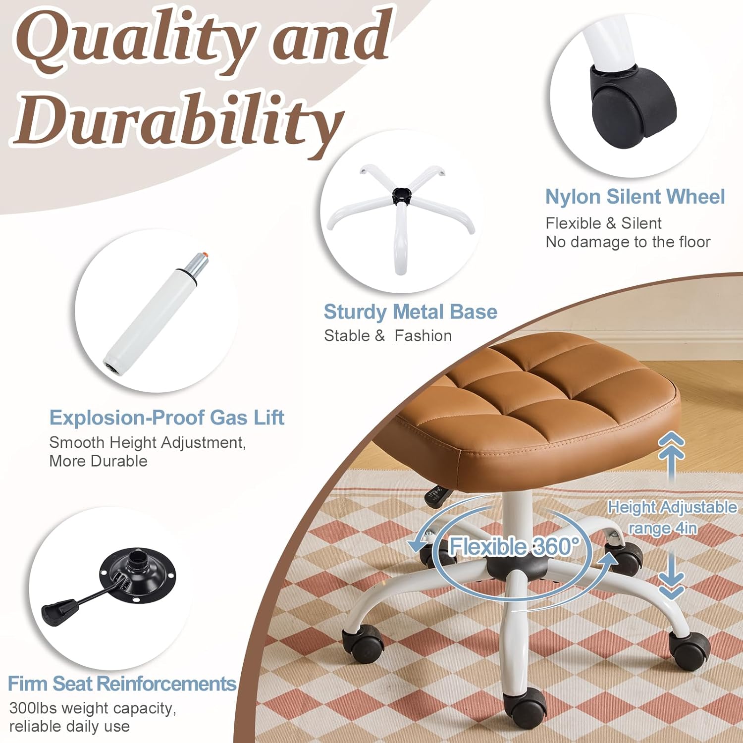 VINGLI Compact Small Desk Chair, Cute Armless Chair with Wheels, Vanity Chair with Low Back, Height Adjustable Task Chair for Small Spaces, Office, Bedroom, Make Up Room, PU Leather, Brown