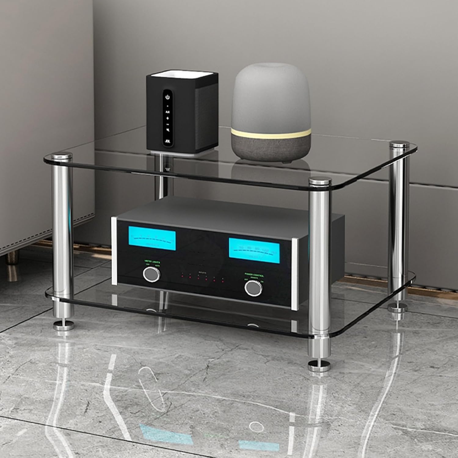 TV Shelf with Strengthened Tempered Glasses Media Stand, Multifunctional Entertainment Center AV Media Player Stand, CD Record Player AV Equipment Display(Transparent,35cm/13.8in)