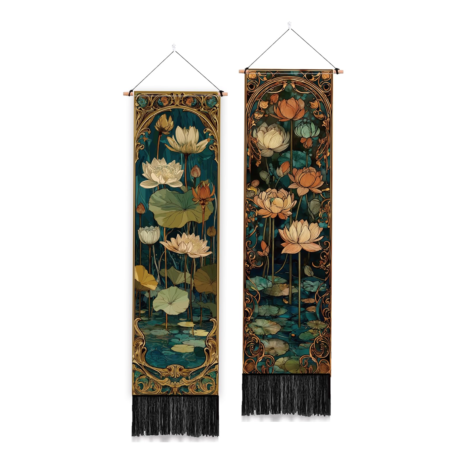 PLIGREAT Pack of 2 Water Lily Wall Tapestry, Vintage Flower Long Vertical Tapestry Aesthetic Wall Hanging with Tassels for Bedroom Living Room Bathroom Home Art Decor, 130 x 33cm