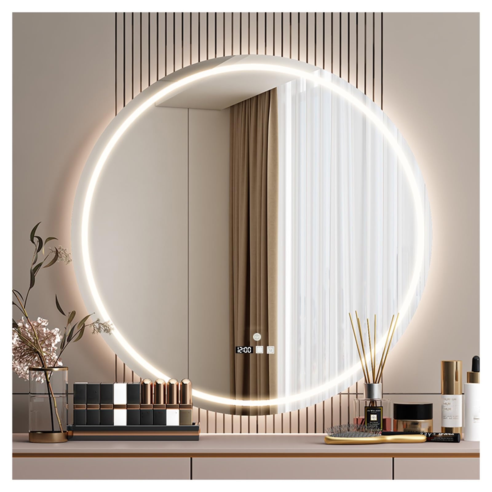 FGXHHS Round with LED Lights，Round Led Mirror,Bathroom Lights,Demister pad，Waterproof ILLUMINATED Mirror(A,H70*W70cm/H27.6*W27.6IN)
