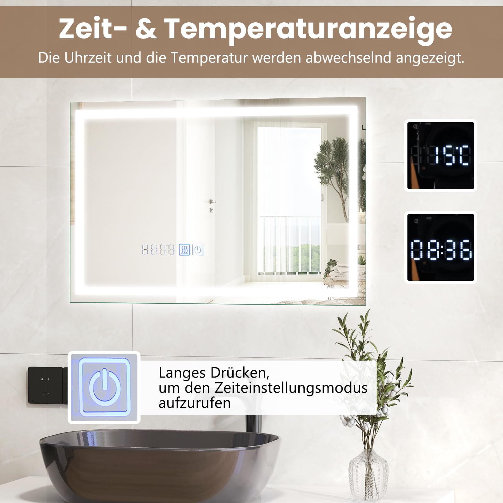 COSTWAY Lustro łazienkowe z oświetleniem, 75 x 50 cm, z funkcją ściemniania, 3000-6000 K, z zegarem, włącznikiem dotykowym i funkcją pamięci, prostokątne
