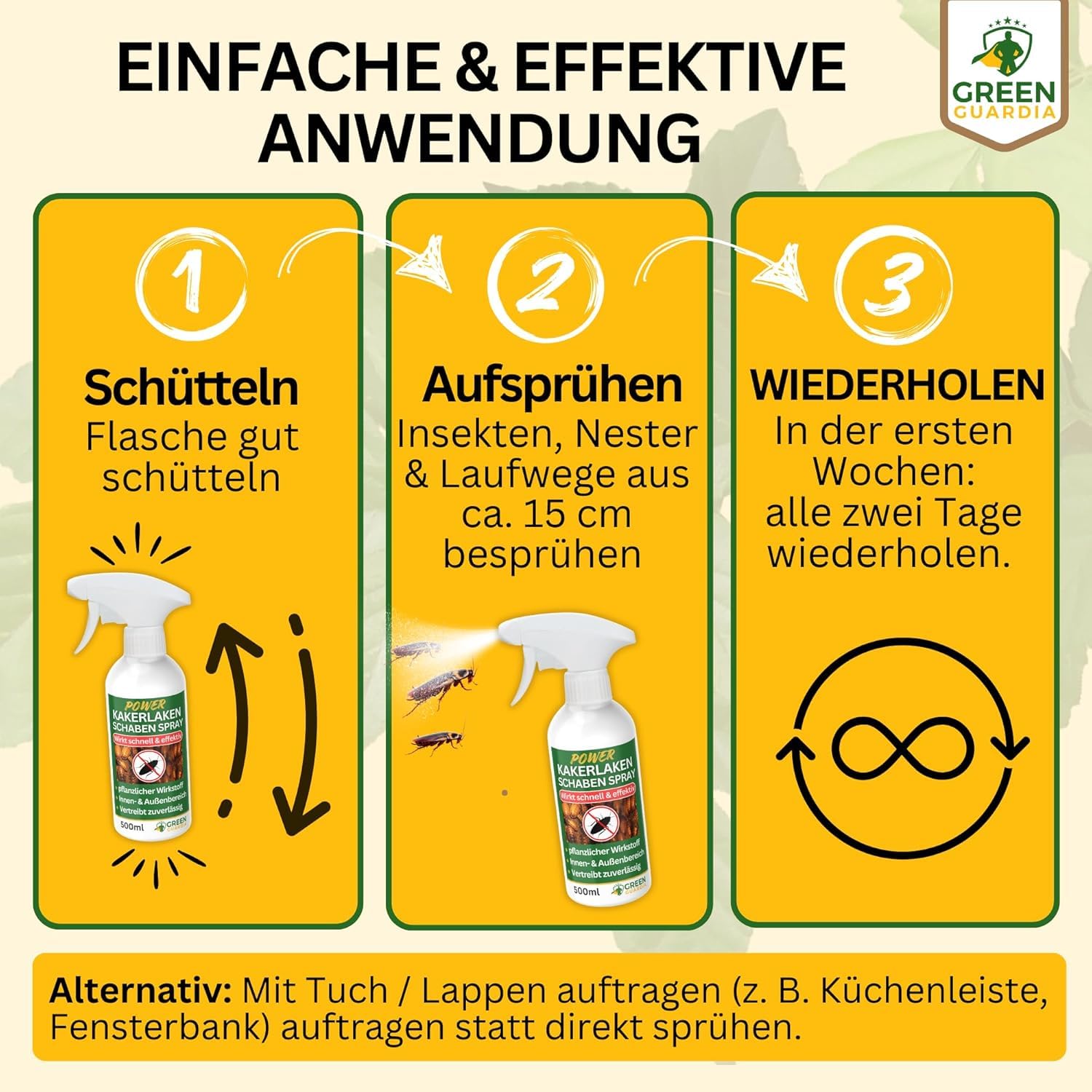 GREEN GUARDIA Kakerlaken/Schaben Abwehrspray – Sprühfertiges Power Konzentrat mit pflanzlichen Ölen | 500 ml für Innen & Außen | sofort, effektiv & nachhaltig
