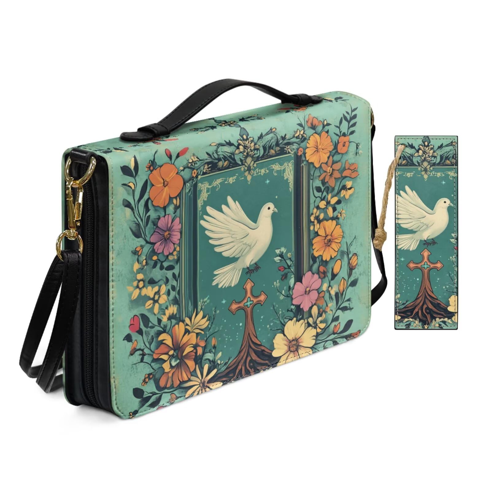 Green Vintage Floral Cross Dove Bible Cover Case for Women Travel Church Worship Print Pu Leather Shoulder Strap Bible Bags with Bookmark & Handle Pockets Zippered Crossbody Book Covers