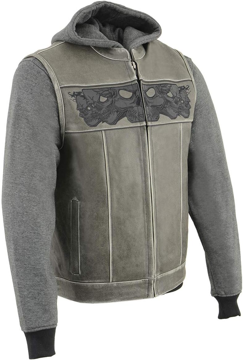 Milwaukee Leather MLM3561 Men’s Leather Vest w/Removeable Hoodie- Distress Brown Reflective Skulls Motorcycle Vest