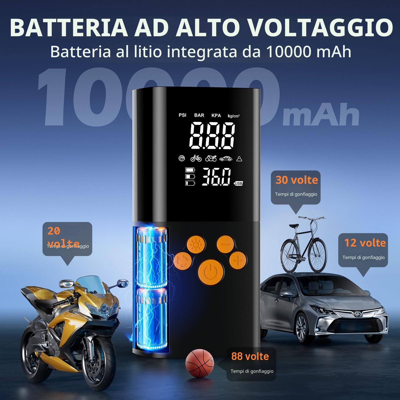 EVARY Compressore Aria Portatile 10000mAh,Portable Electric Air Compressor 150PSI con 5 Modalità, Schermo LCD Digitale e Torcia LED, Pompa Elettrica per Bicicletta, Auto, Moto, Monopattino, Palloni