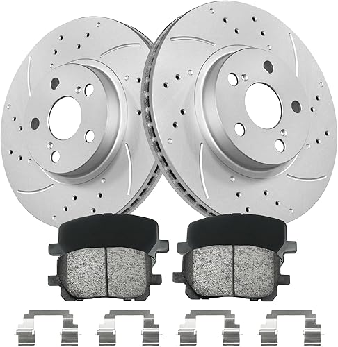 Miniatura 10 de Kit de rotores de freno de repuesto con ventilación frontal, rotores de freno ranurados perforados y pastillas de freno de cerámica para Toyota