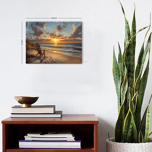 Miniatura 3 de Arte abstracto de pared de playa, puesta de sol, paisaje costero, decoración de pared, silla de playa, paisaje marino, ondas, lienzo, pintura de