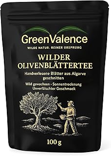 GreenValence Wilder Olivenblättertee - Handverlesene Blätter aus der Algarve - geschnitten | Wild gewachsen, naturrein & sonnengetrocknet | Mediterraner Premium Kräutertee ohne Zusätze (100g)