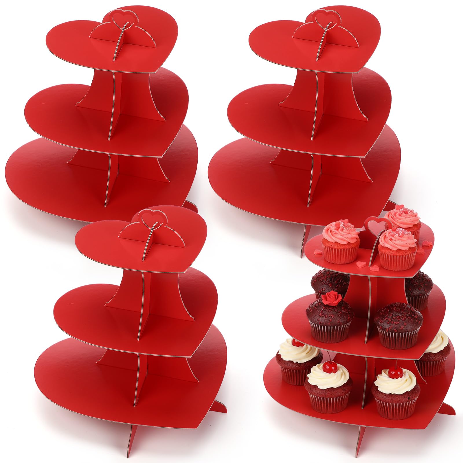 Willinglong 4 Pcs 3-Tier Heart Cupcake Stand Red Cupcake Stands