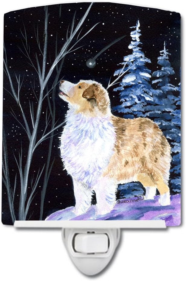 Caroline's Treasures SS8367CNL Starry Night Australian Shepherd Ceramic Night Light Compact, UL-Certified, Ideal for Bedroom, Bathroom, Nursery, Hallway, Kitchen, 6x4x3, Multicolor