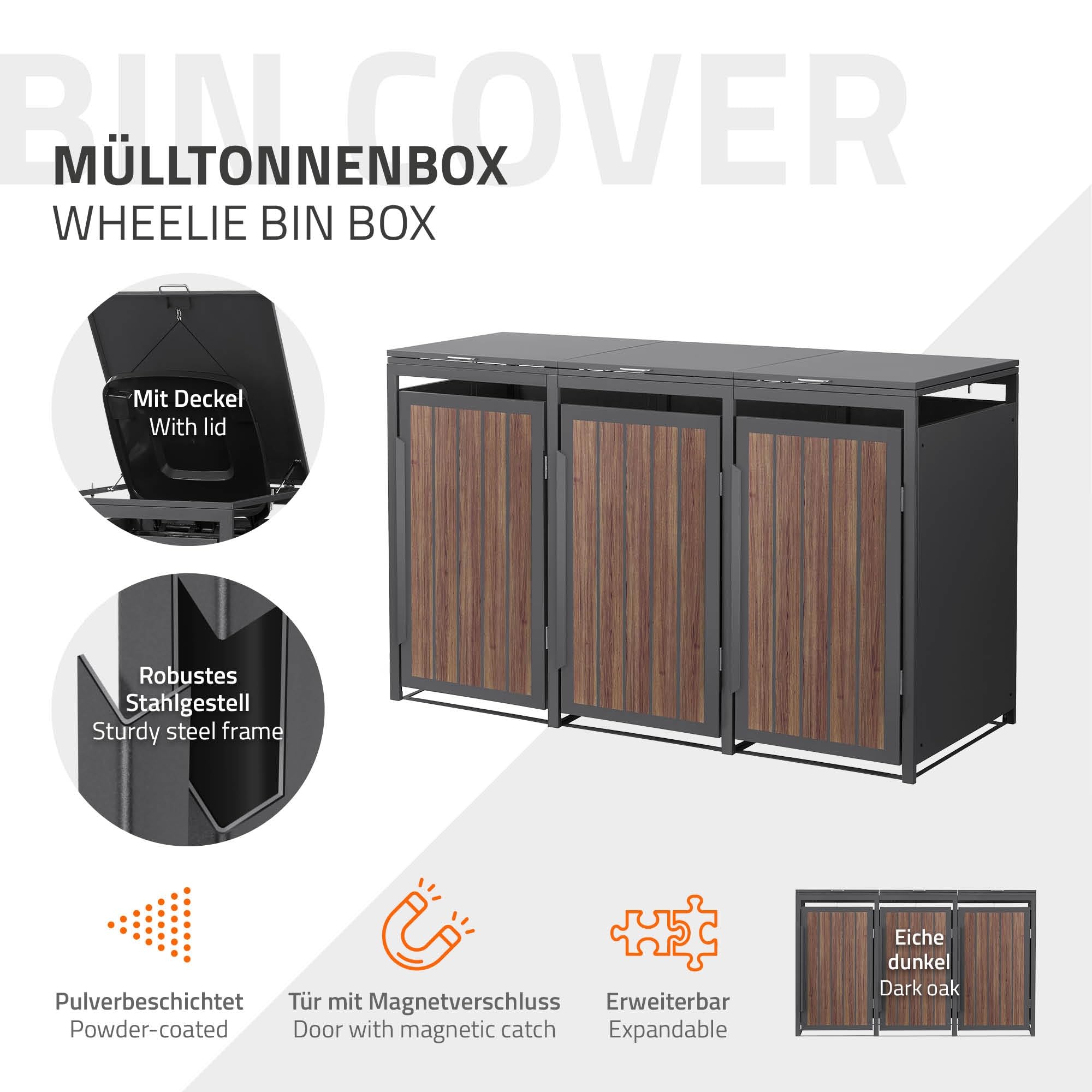 ML-Design Mülltonnenbox 3er 240L, Mülltonnenverkleidung für 3 Mülltonnen, Müllbox wetterfest, Mülltonnenhaus aus Stahl, Müllcontainer mit Klappdeckel & Tür, Gerätebox 196x80x120 cm Anthrazit-Holzoptik