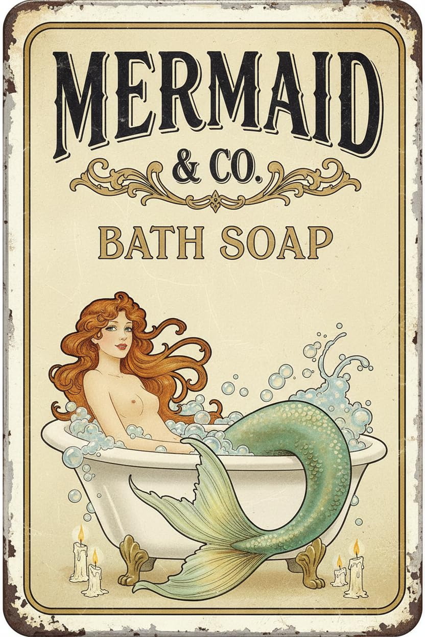 Mermaid Wash Your Tail Bathroom Tin Sign, 12x8 Inch