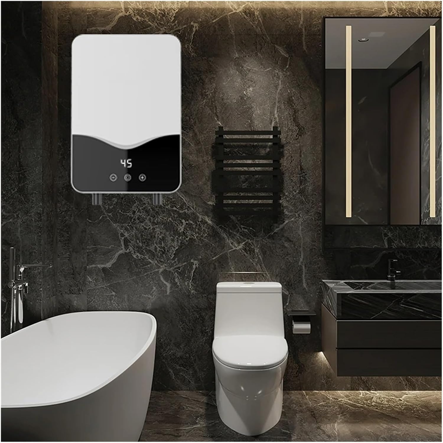 SAIFFE Tankless Electric Water Heater installed in a modern bathroom above a toilet and next to a bathtub.