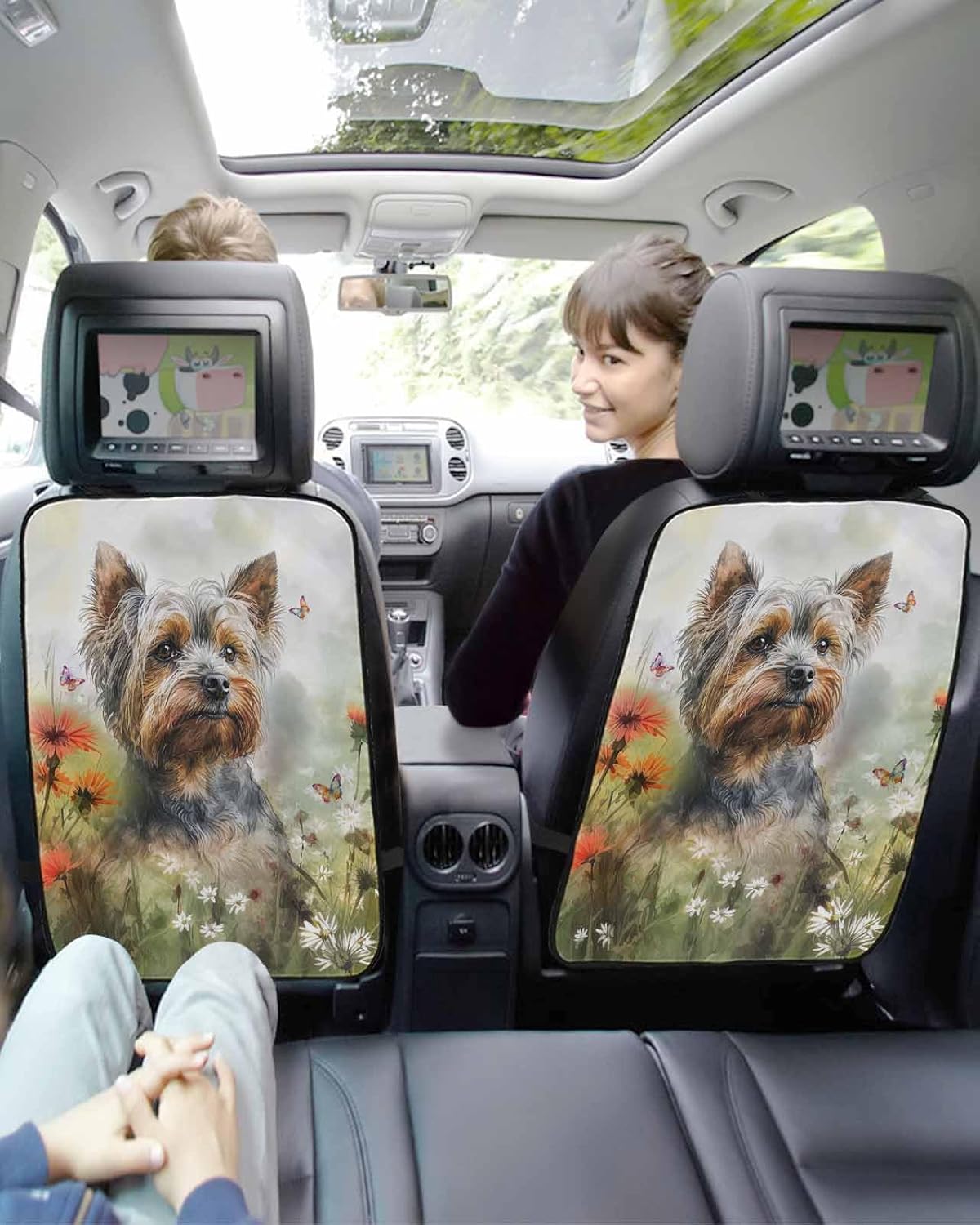 Car Seat Protector, 2 Pack Kick Mats Back Seat Protector A Dog Play Among The Flowers Butterfly Watercolor Waterproof Backseat Cover for Kids Universal Fit Automotive Interior Protectors