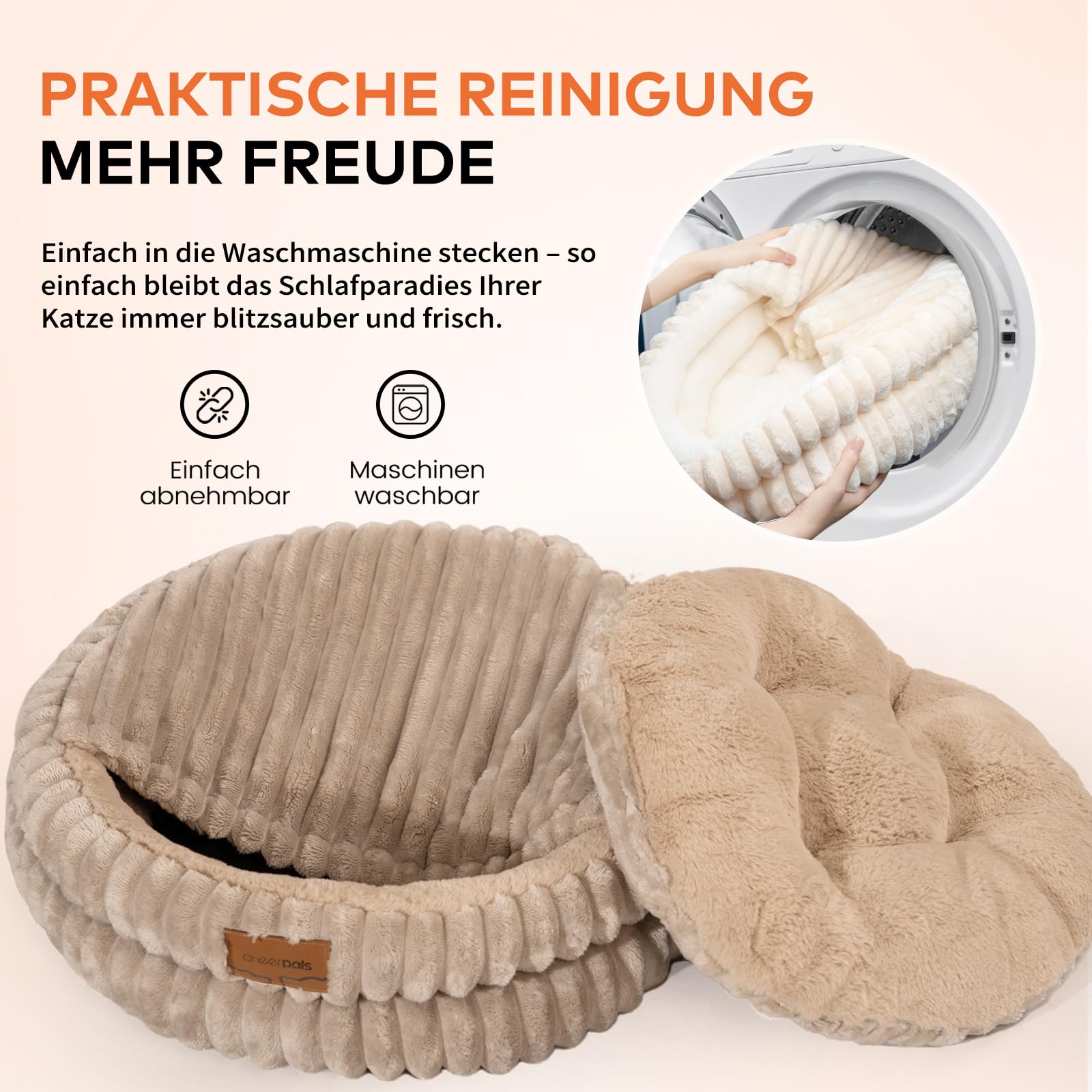 CheerPals Panier Chat avec Couvercle, Lit pour Chat Forme Grotte Épais (1,41 KG), Coussin Douillet avec Toit, Niche Intérieure pour Cachette et Sommeil, 50x50x15 cm