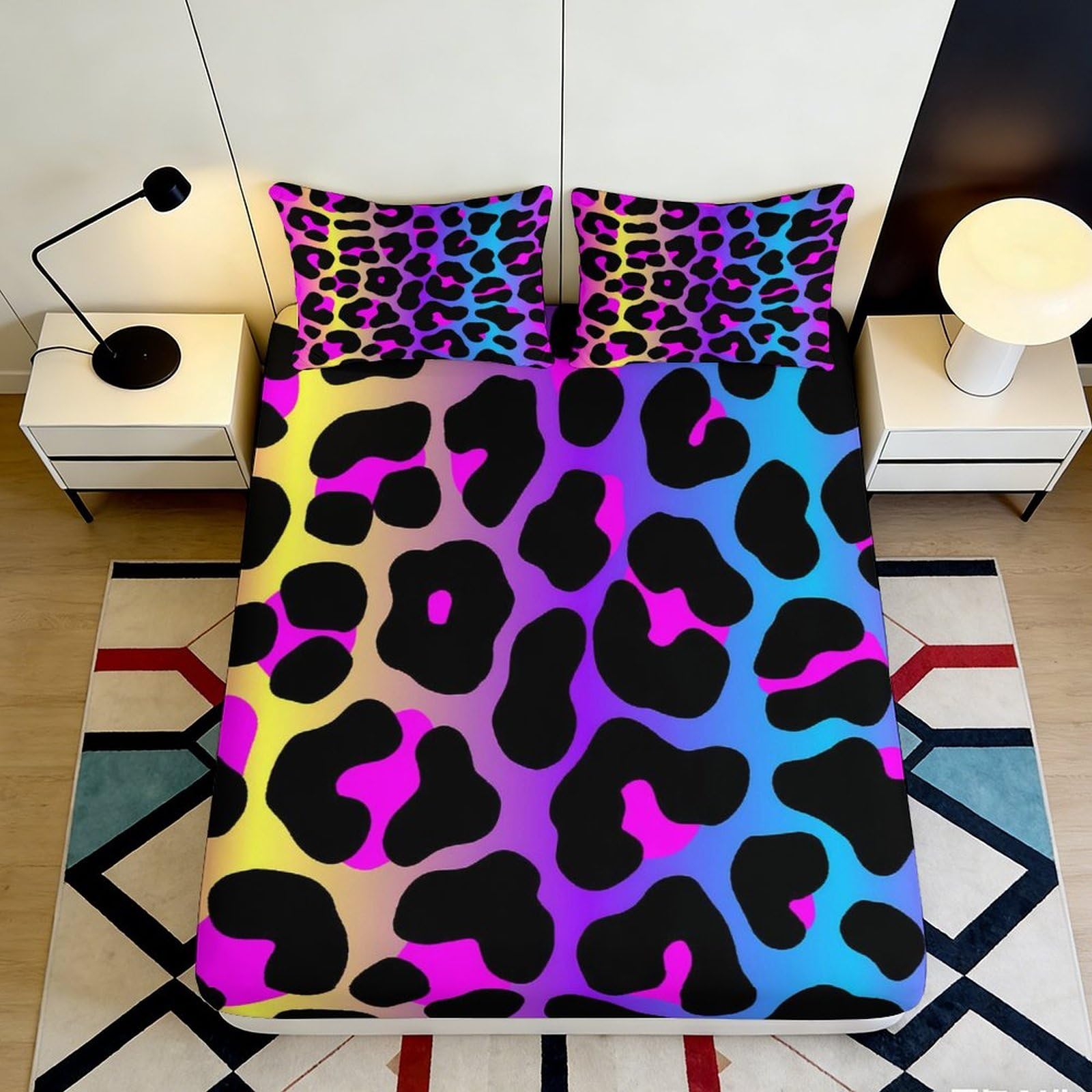 3D Printed Neon Leopard Fitted Sheet Microfiber Soft Decorative Rainbow Animal Bed Cover for Bedroom Dorm Guest Room Mattress Protection 90x200x25cm