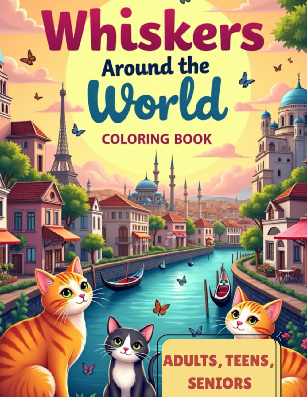 Whiskers Around the World: Cities & Cats Coloring Book: 50 Large-Print, Relaxing Coloring Pages Featuring Cats in the World’s Most Beautiful Cities (Whiskers & Wonders)