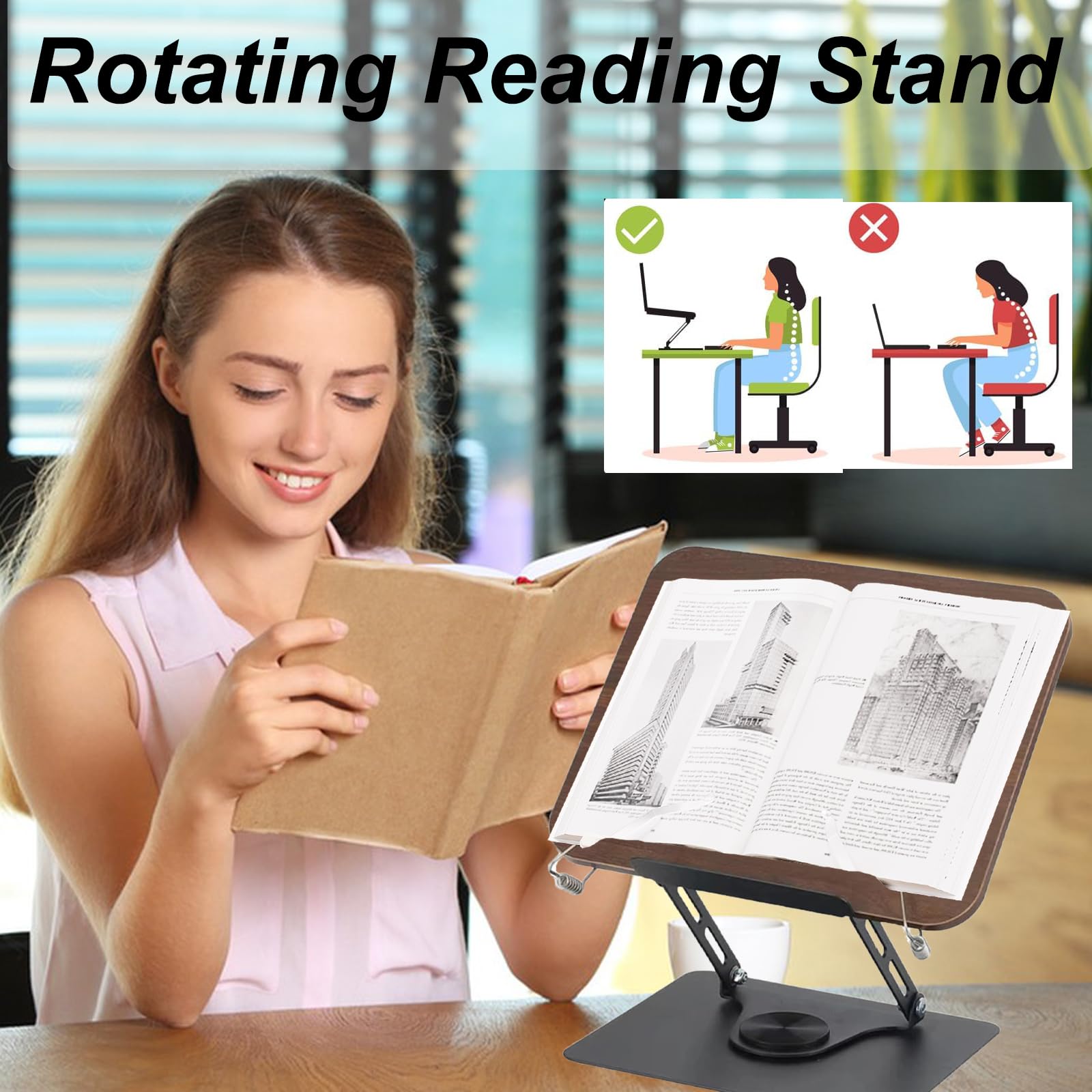 Leggio da Tavolo per Libri,Supporto per Libri Regolabile con Base Girevole a 360°,Supporto Libri per Lettura,Leggio in Legno Pieghevole,Stand di Ricette,Portatile Reggilibro Bambini Regolabile