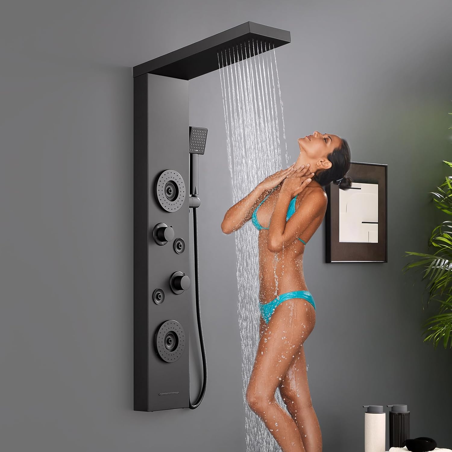 ROVATE Shower Panel Tower System with Rainfall Shower, Elegant Matte Black Shower Tower with Powerful Body Massage Jets, Handheld and Tub Spout, Stainless Steel Shower Column High Pressure