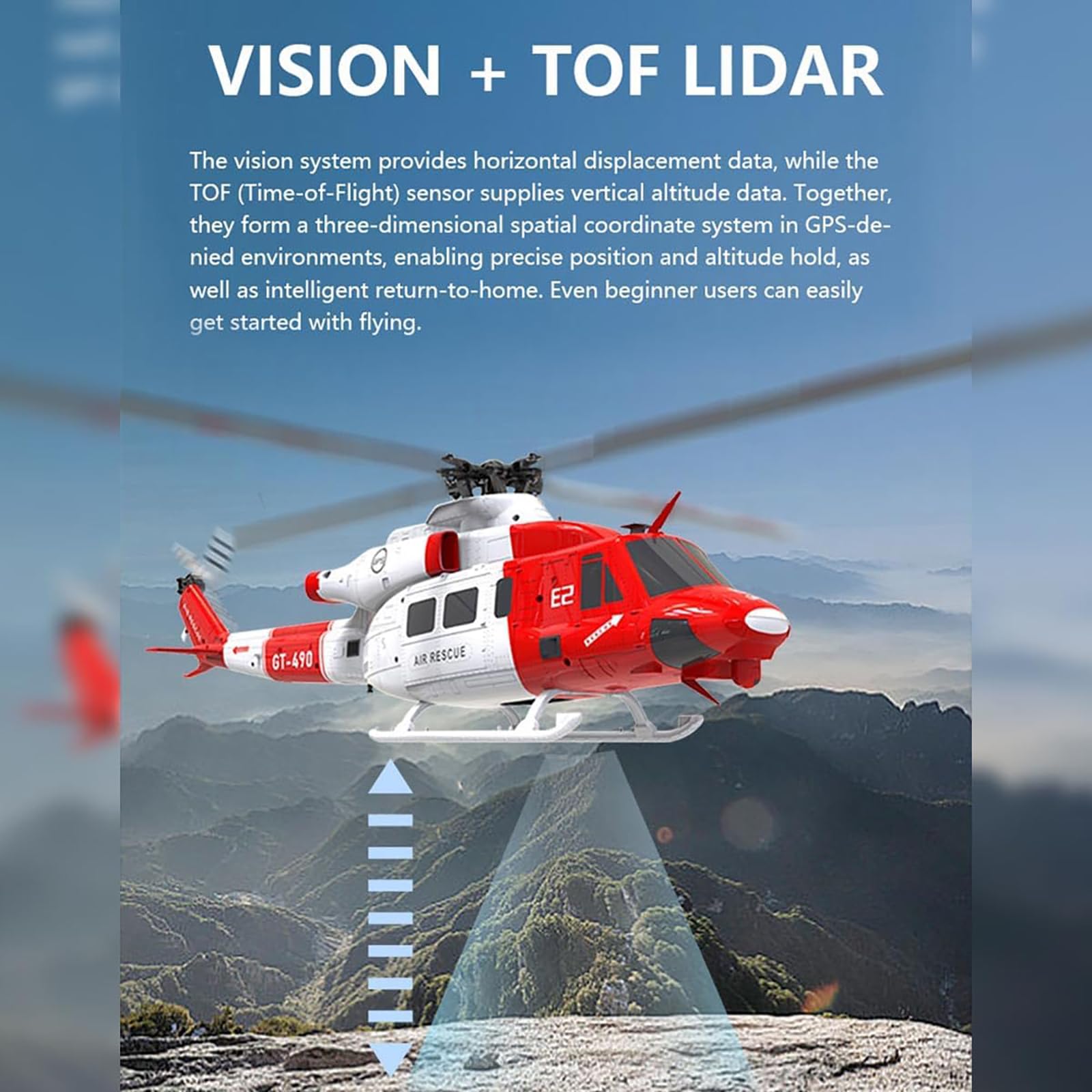Genérico E2 UH-1Y RC Helicóptero con GPS Lidar posicionamiento, 2.4G 6CH Dual Brushless Direct Drive Rescate Helicóptero de Control Remoto, Regalo - RTF