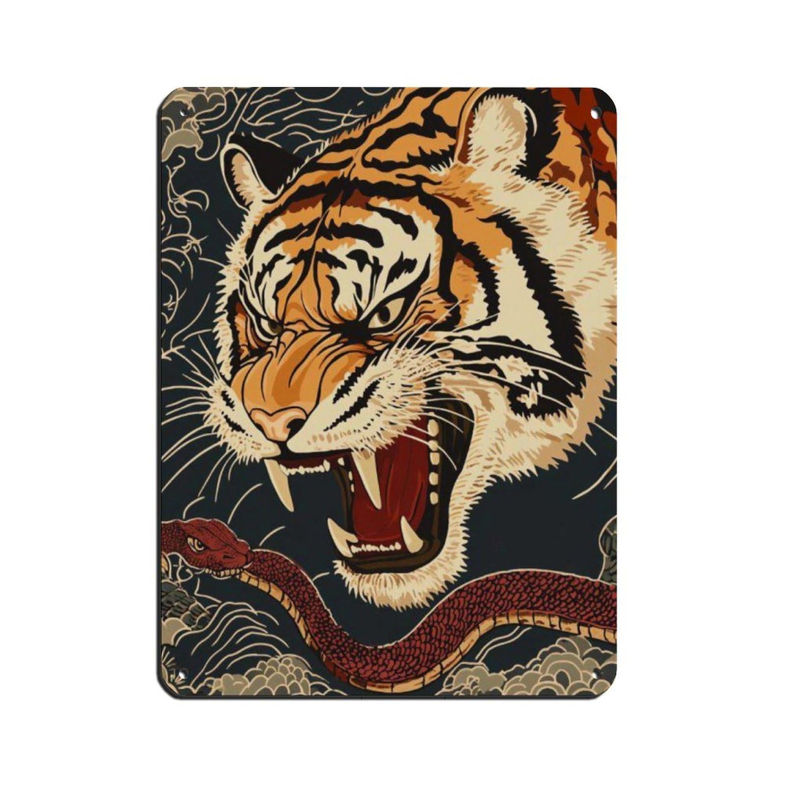 Lxwnze 30L X 40W Cm Fierce Tiger Roaring Art Poster, Tin Sign Vintage Metal Pub Club Cafe Bar Home Wall Art Decoration Poster Retro 12X16inch(30X40cm)