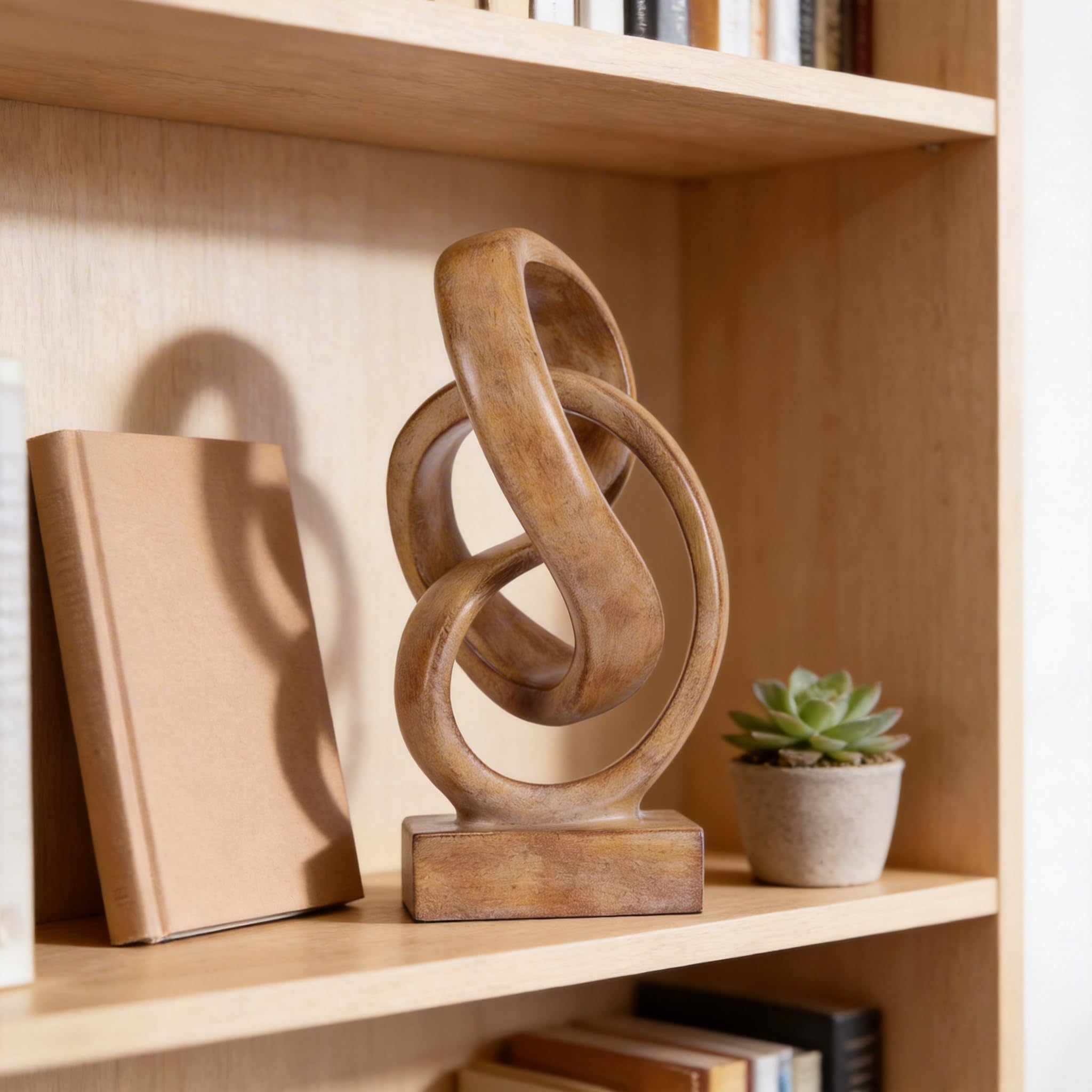 WUBIANJIE Moderne abstrakte Knotenskulptur, künstlerisch von Mobius inspirierte Harzdekoration, elegante Dekoration für Zuhause und Büro, Holzfarbe