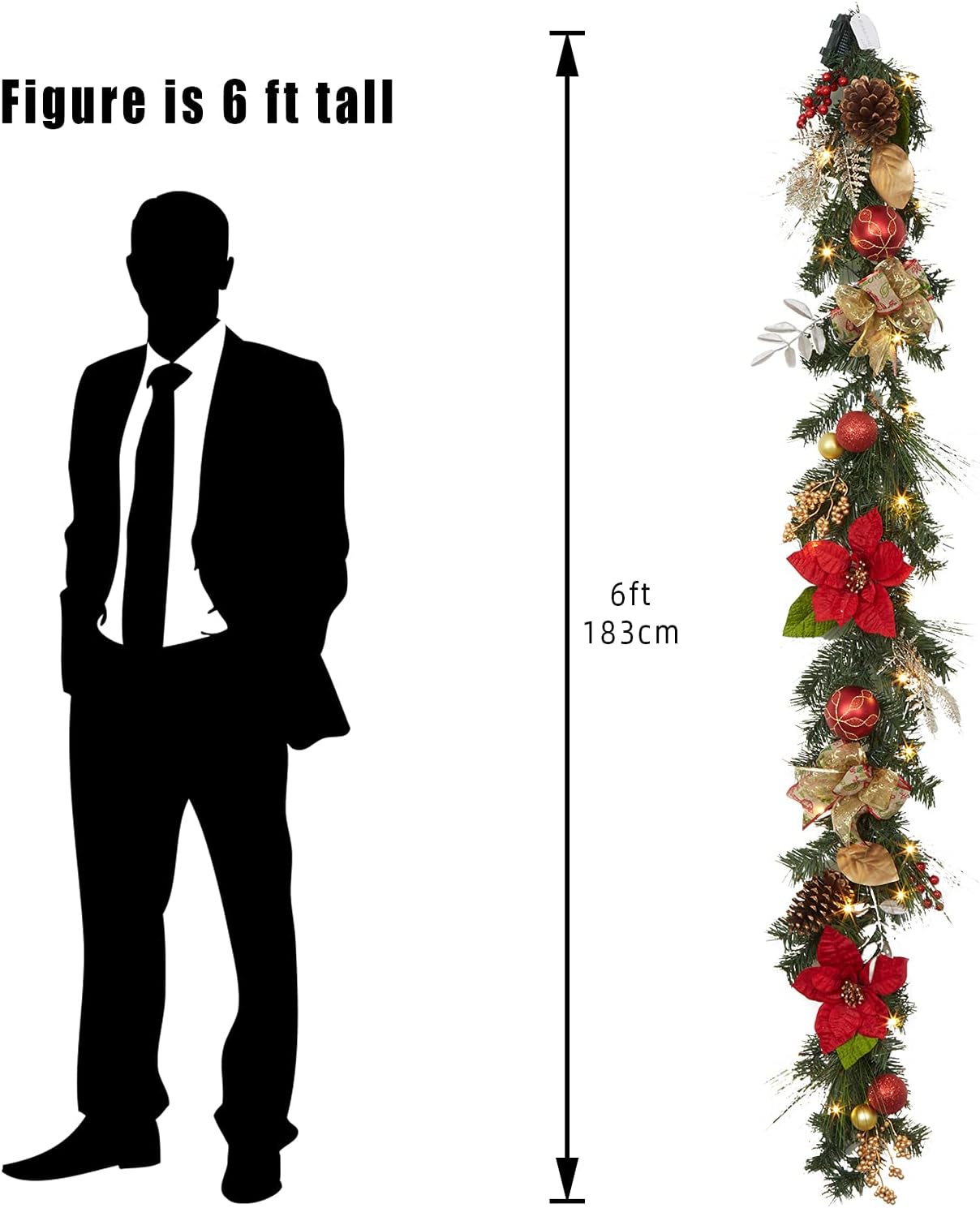 Adeeing 6FT Christmas Garland with Lights, Prelit Artificial Christmas Garland with Pine Cones Poinsettia, Cordless Xmas Garland for Fireplace Mantle Stairecase Indoor Outdoor Holiday Home Decorations