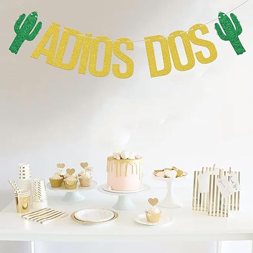 Miniatura 4 de Cartel Adios Dos, decoraciones de tercer cumpleaños, decoración de fiesta de 3 años, suministros de tercer aniversario para niños, purpurina dorada